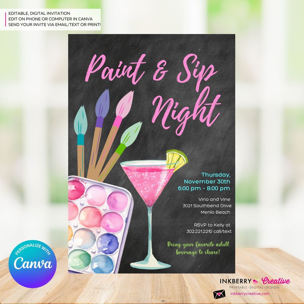 Paint & Sip Invitation, Girls Night Painting Wine Party Invite, Chalkboard, Printable, Instant Download, Digital File, Edit in Canva