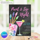 Paint & Sip Invitation, Girls Night Painting Wine Party Invite, Chalkboard, Printable, Instant Download, Digital File, Edit in Canva