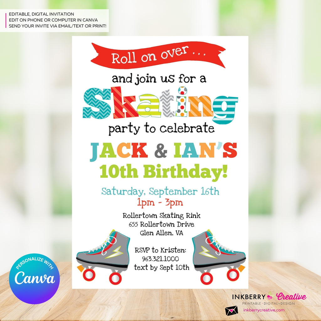 Editable Roller Skating Birthday Party Invitation - Twin Boys Roller Skate Party Invite, Skating Rink Invite, Edit in Canva