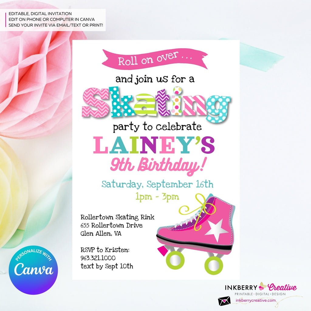 Editable Roller Skating Birthday Party Invitation - Girls Roller Skate Party Invite, Roller Skating Rink Invite, Edit in Canva