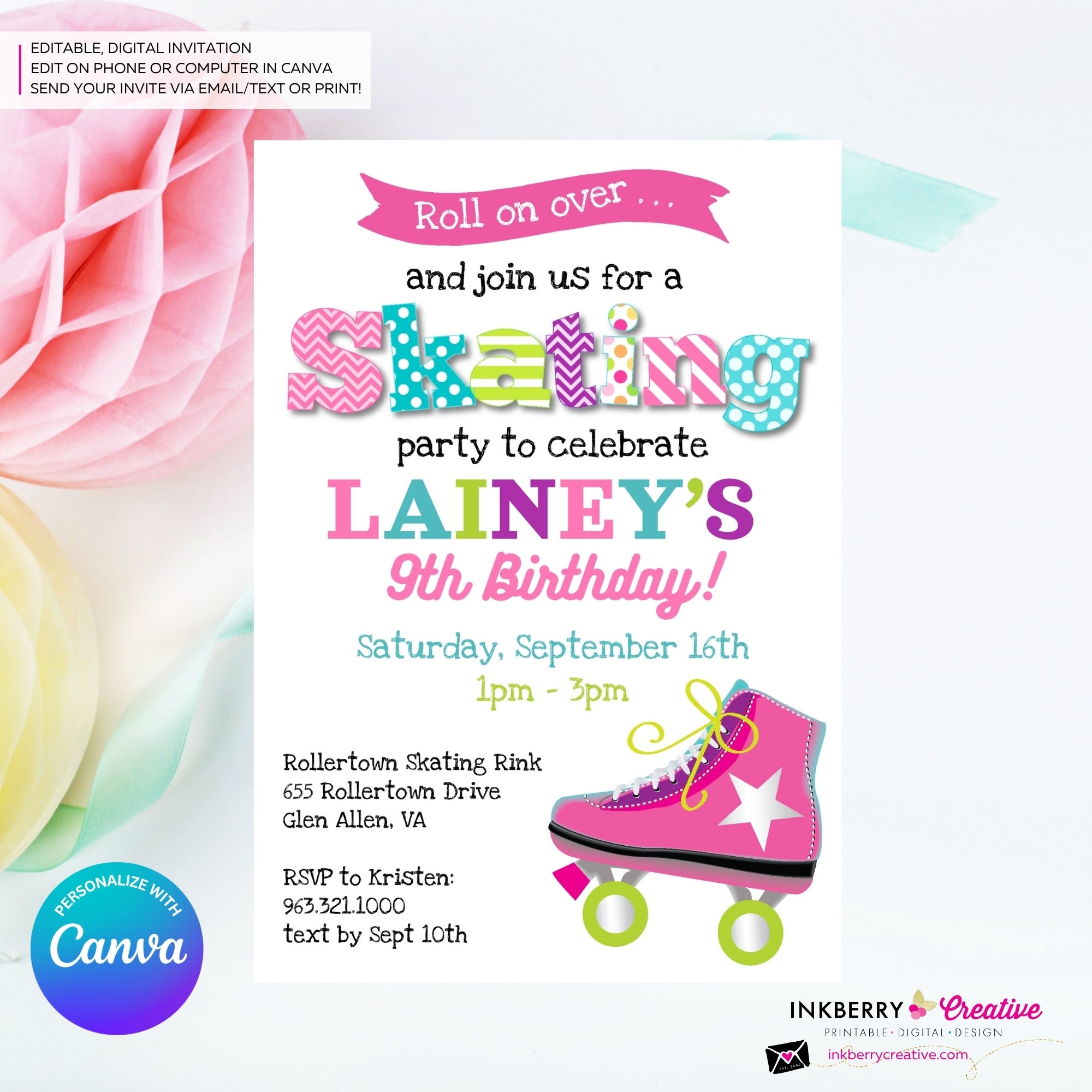 Editable Roller Skating Birthday Party Invitation - Girls Roller Skate Party Invite, Roller Skating Rink Invite, Edit in Canva