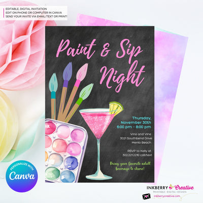 Paint & Sip Invitation, Girls Night Painting Wine Party Invite, Chalkboard, Printable, Instant Download, Digital File, Edit in Canva