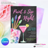 Paint & Sip Invitation, Girls Night Painting Wine Party Invite, Chalkboard, Printable, Instant Download, Digital File, Edit in Canva
