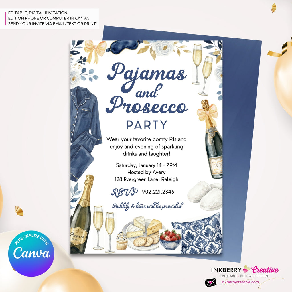 Pajamas and Prosecco Party Invitation (Navy Blue) - Editable in Canva