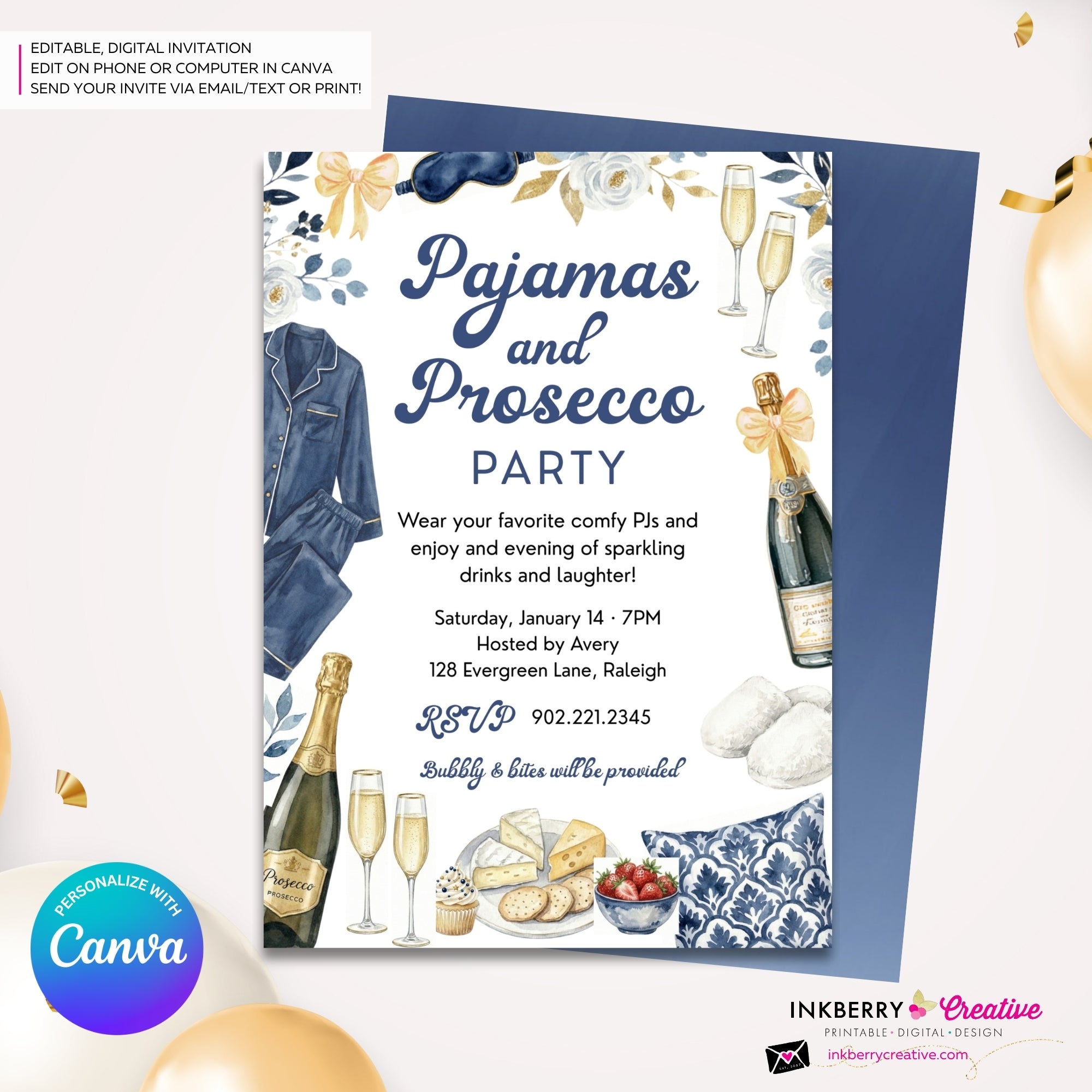 Pajamas and Prosecco Party Invitation (Navy Blue) - Editable in Canva