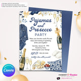 Pajamas and Prosecco Party Invitation (Navy Blue) - Editable in Canva