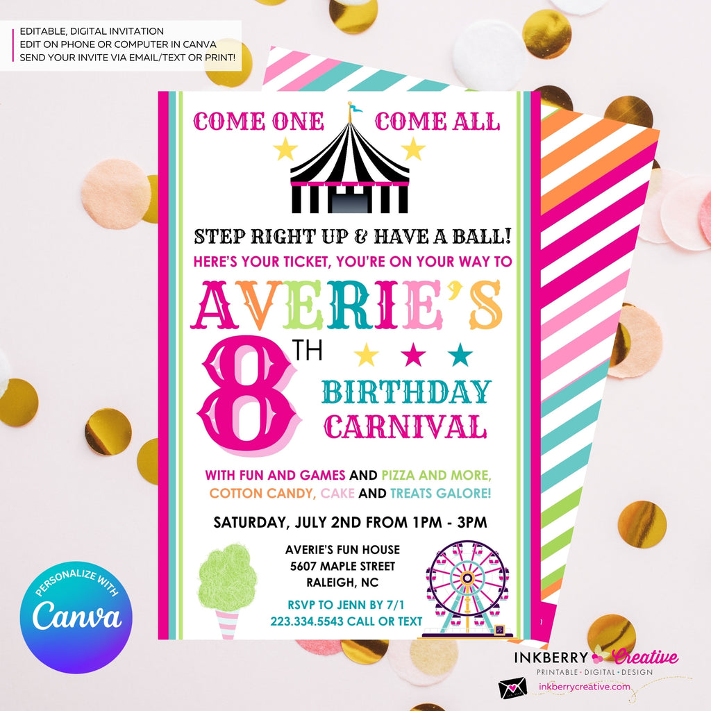 Carnival Theme Birthday Invitation for Girls - Editable in Canva
