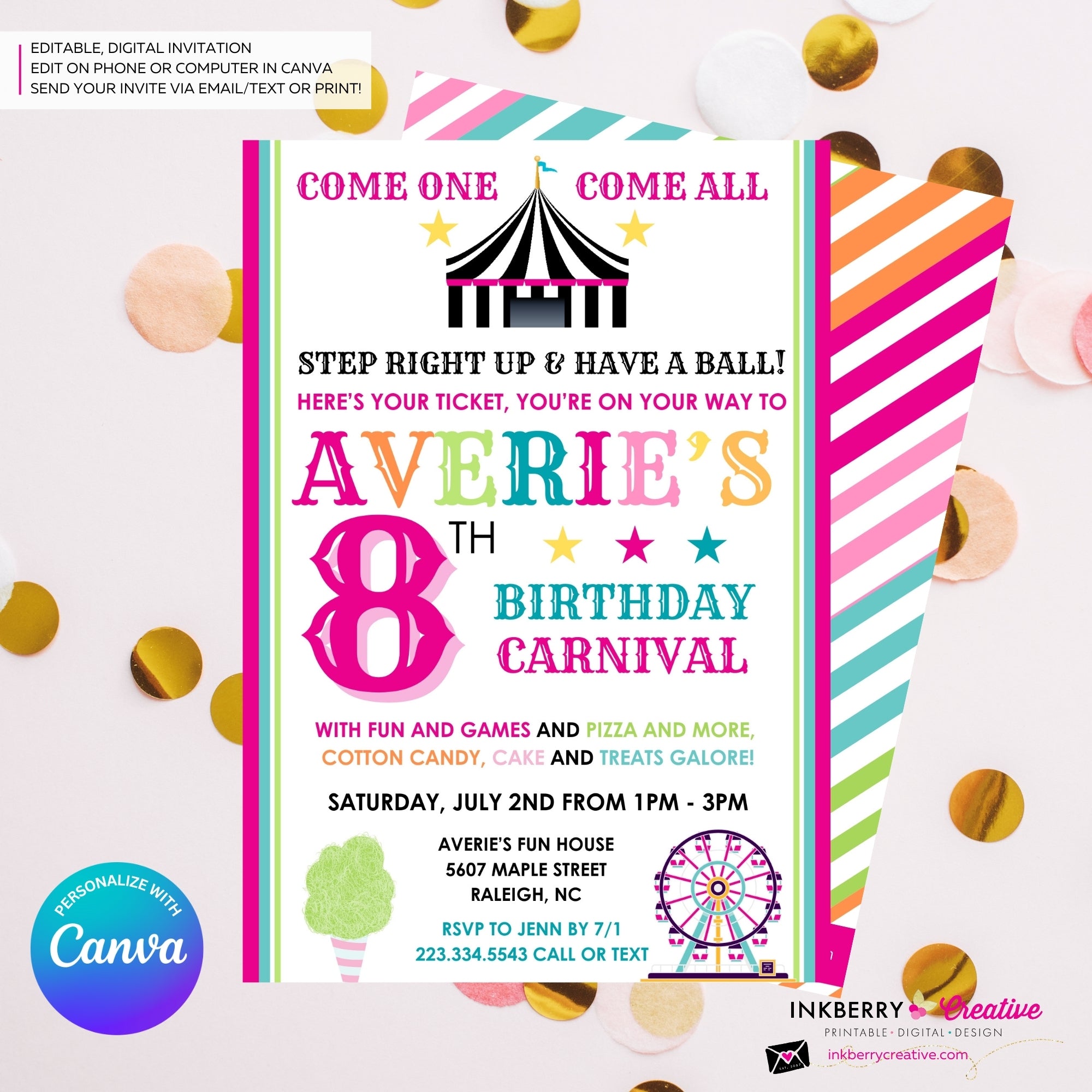 Carnival Theme Birthday Invitation for Girls - Editable in Canva