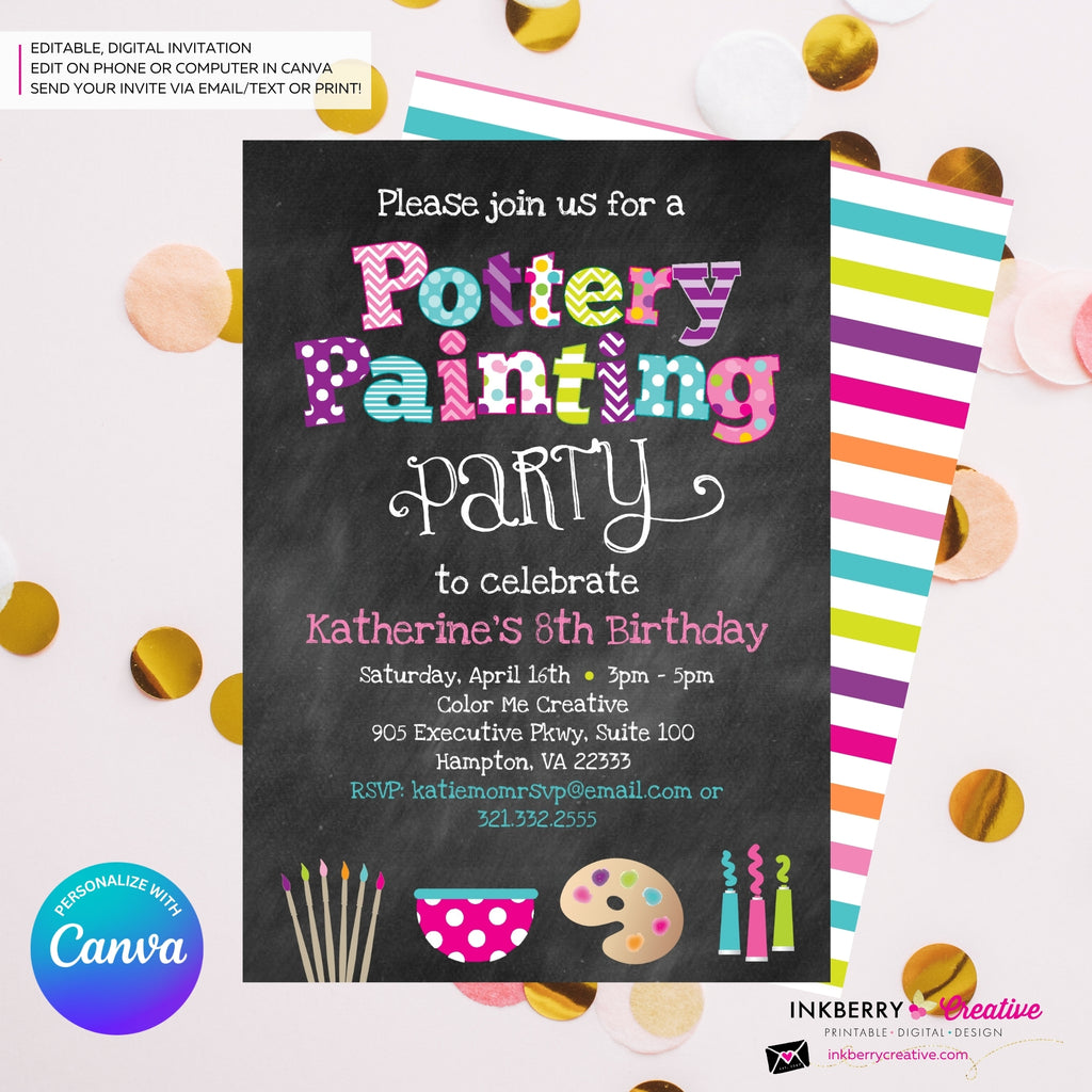 Pottery Painting Party Invitation (Chalkboard Style) - Editable in Canva