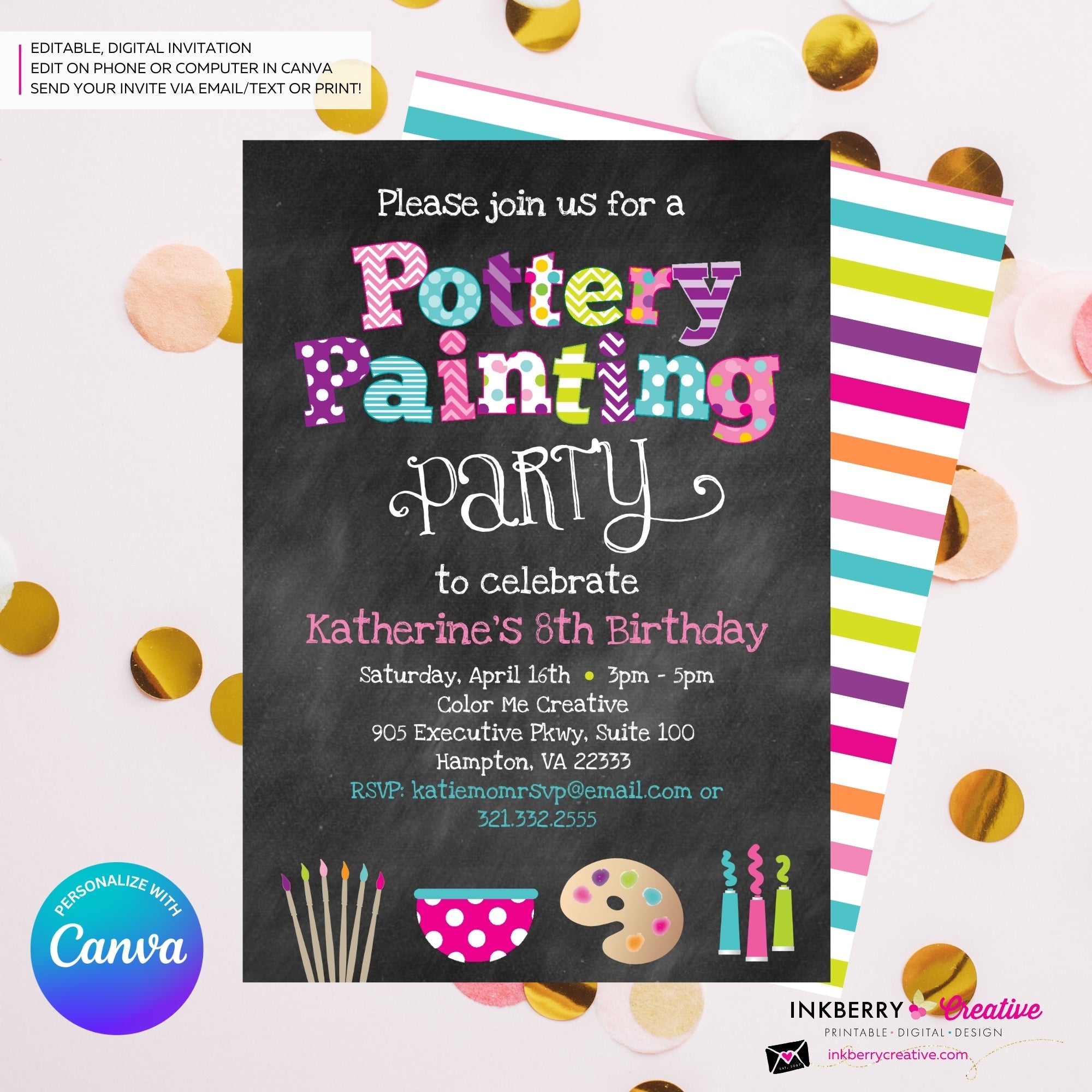 Pottery Painting Party Invitation (Chalkboard Style) - Editable in Canva