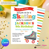 Editable Roller Skating Birthday Party Invitation - Boys Roller Skate Party Invite, Roller Skating Rink Invite, Edit in Canva
