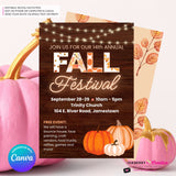 Fall Festival Invitation, Woodgrain Pumpkins, Editable Canva Template (5x7)