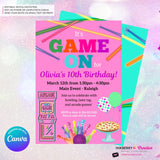 Game On Girls Pink Arcade, Pizza, Bowling Birthday Party Digital, Printable Invitation - Edit in Canva