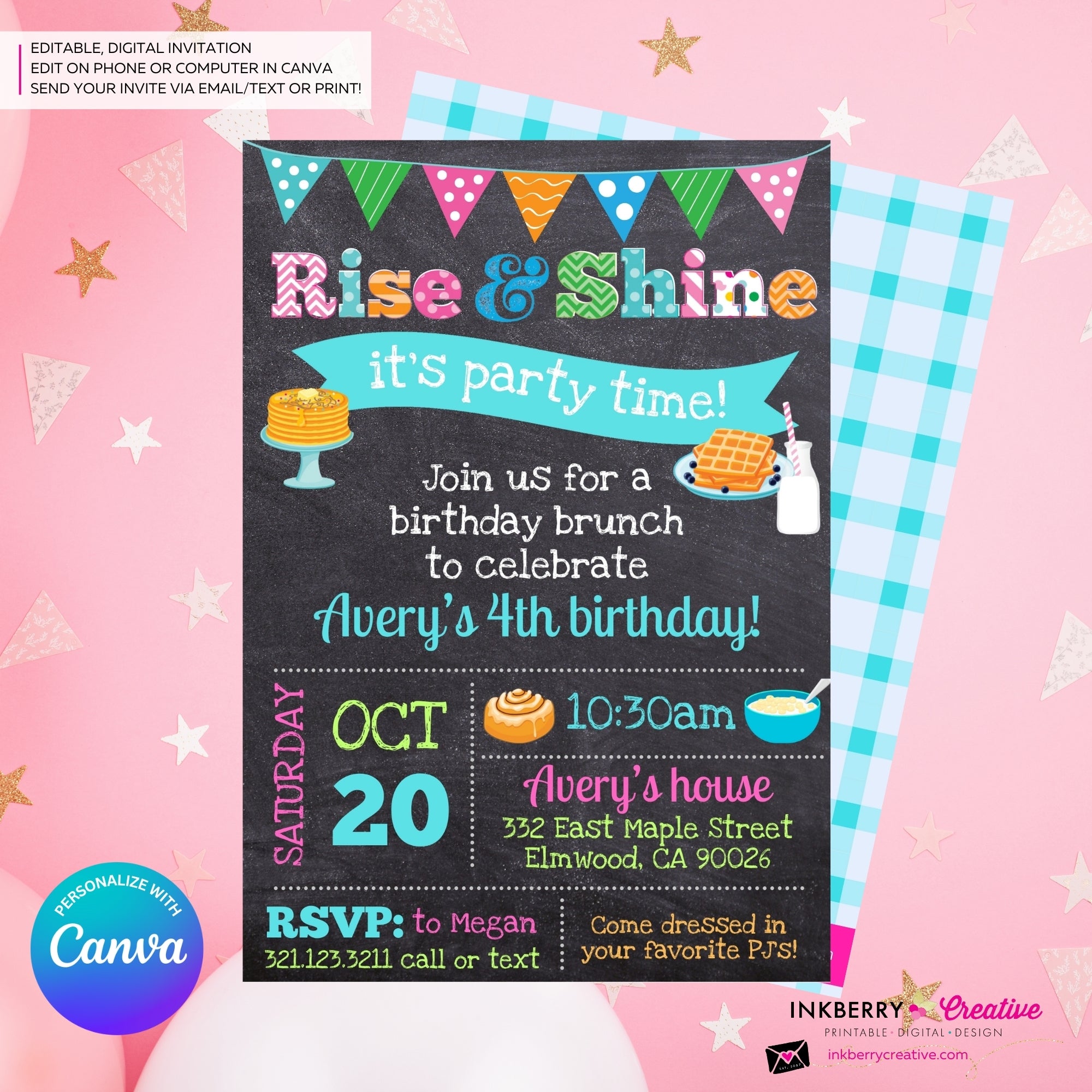 Rise and Shine Brunch Birthday Invitation (Chalkboard) - Editable in Canva