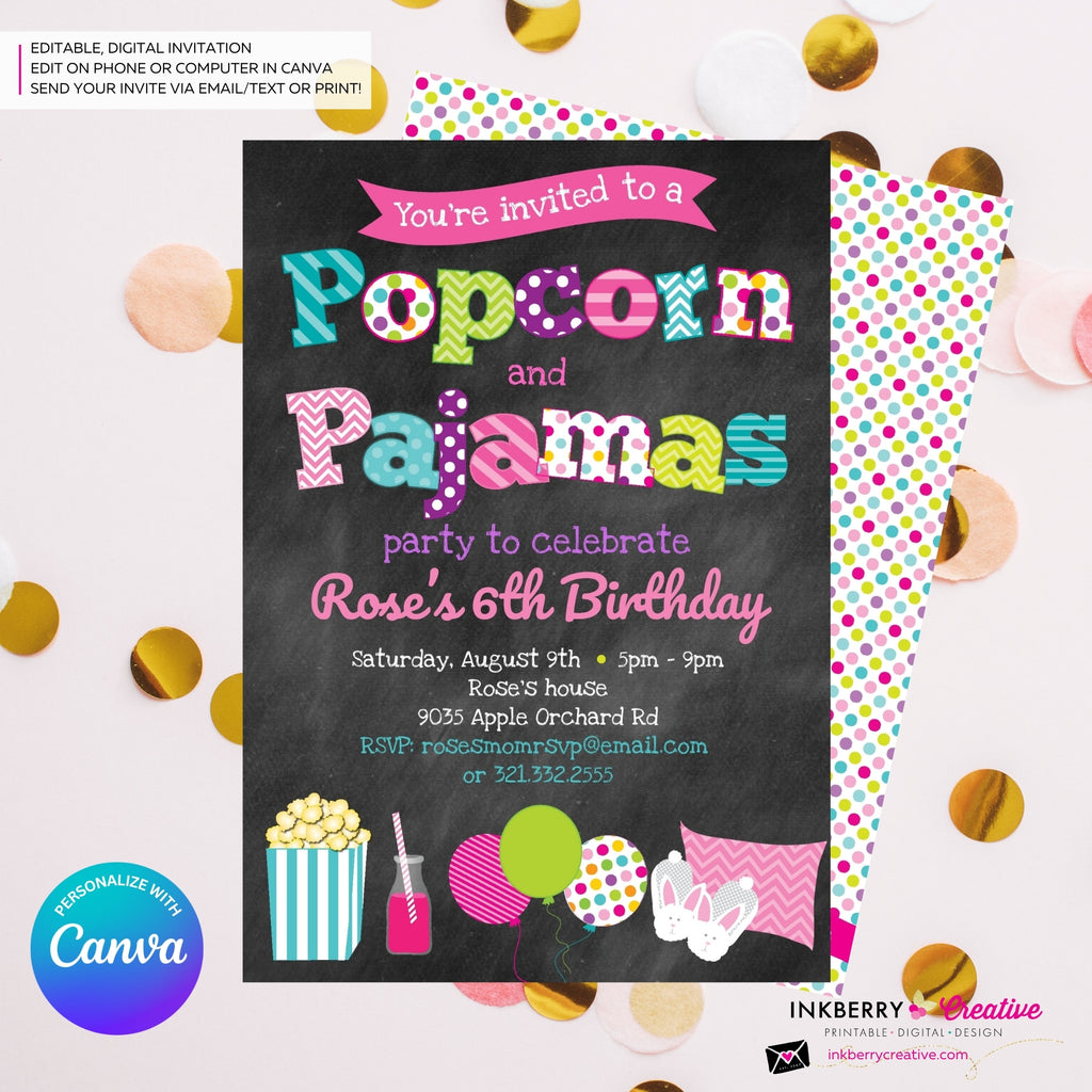 Popcorn and Pajamas (Chalkboard) Party Invitation - Kids Pizza Pajama Birthday Party Invite - Edit in Canva