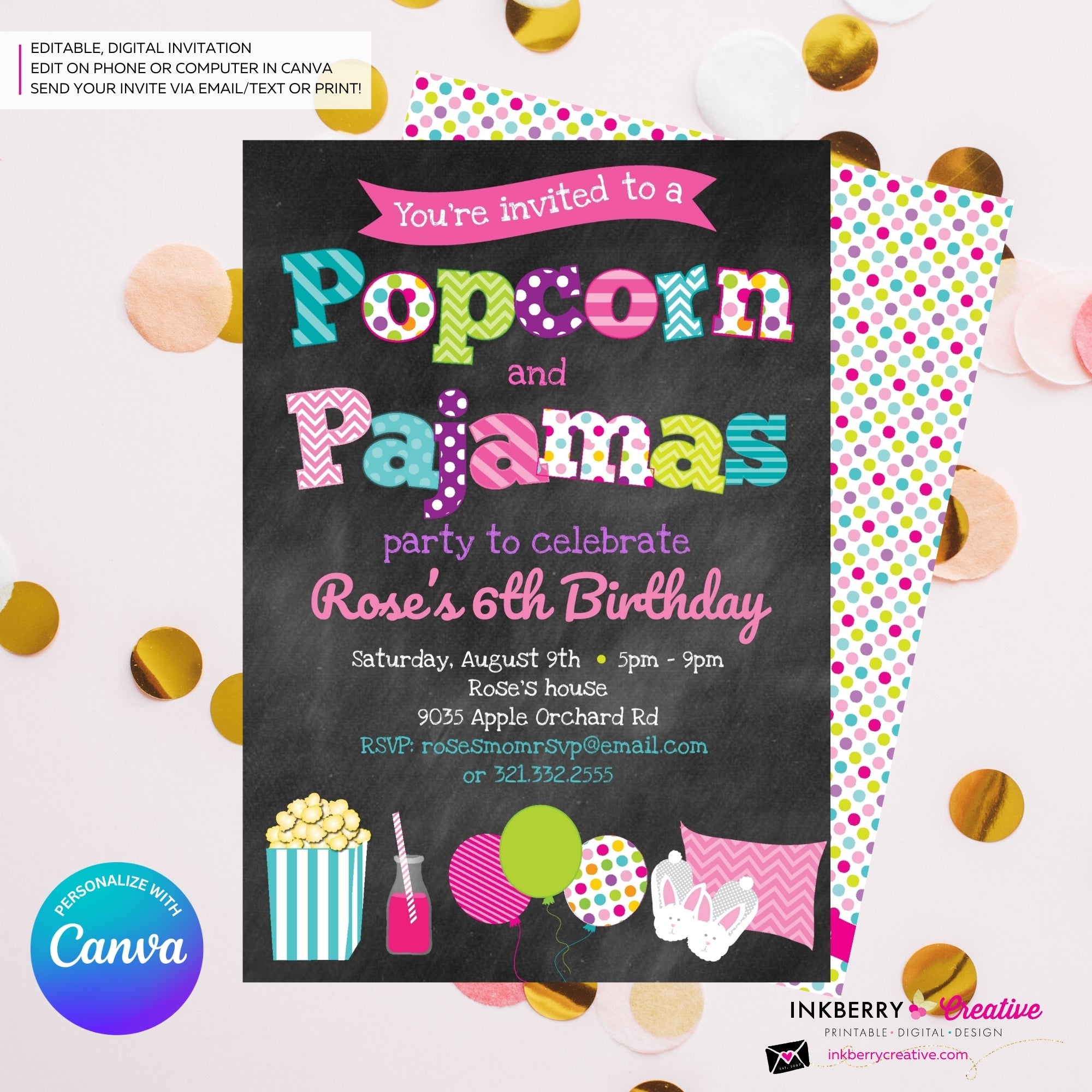 Popcorn and Pajamas (Chalkboard) Party Invitation - Kids Pizza Pajama Birthday Party Invite - Edit in Canva