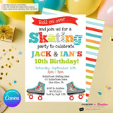 Editable Roller Skating Birthday Party Invitation - Twin Boys Roller Skate Party Invite, Skating Rink Invite, Edit in Canva