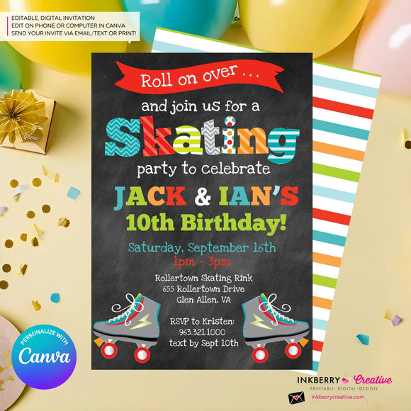 Editable Roller Skating Birthday Party Invitation - Twin Boys Roller Skate Party Invite, Chalkboard, Skating Rink Invite, Edit in Canva