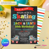 Editable Roller Skating Birthday Party Invitation - Twin Boys Roller Skate Party Invite, Chalkboard, Skating Rink Invite, Edit in Canva