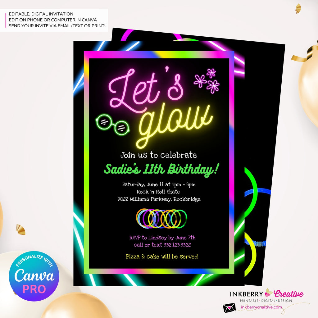 Neon Glow Party Invitation - Let's Glow Party Invite, Glow in the Dark, Roller Skate, Printable, Instant Download, Edit in CANVA PRO