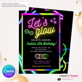 Neon Glow Party Invitation - Let's Glow Party Invite, Glow in the Dark, Roller Skate, Printable, Instant Download, Edit in CANVA PRO