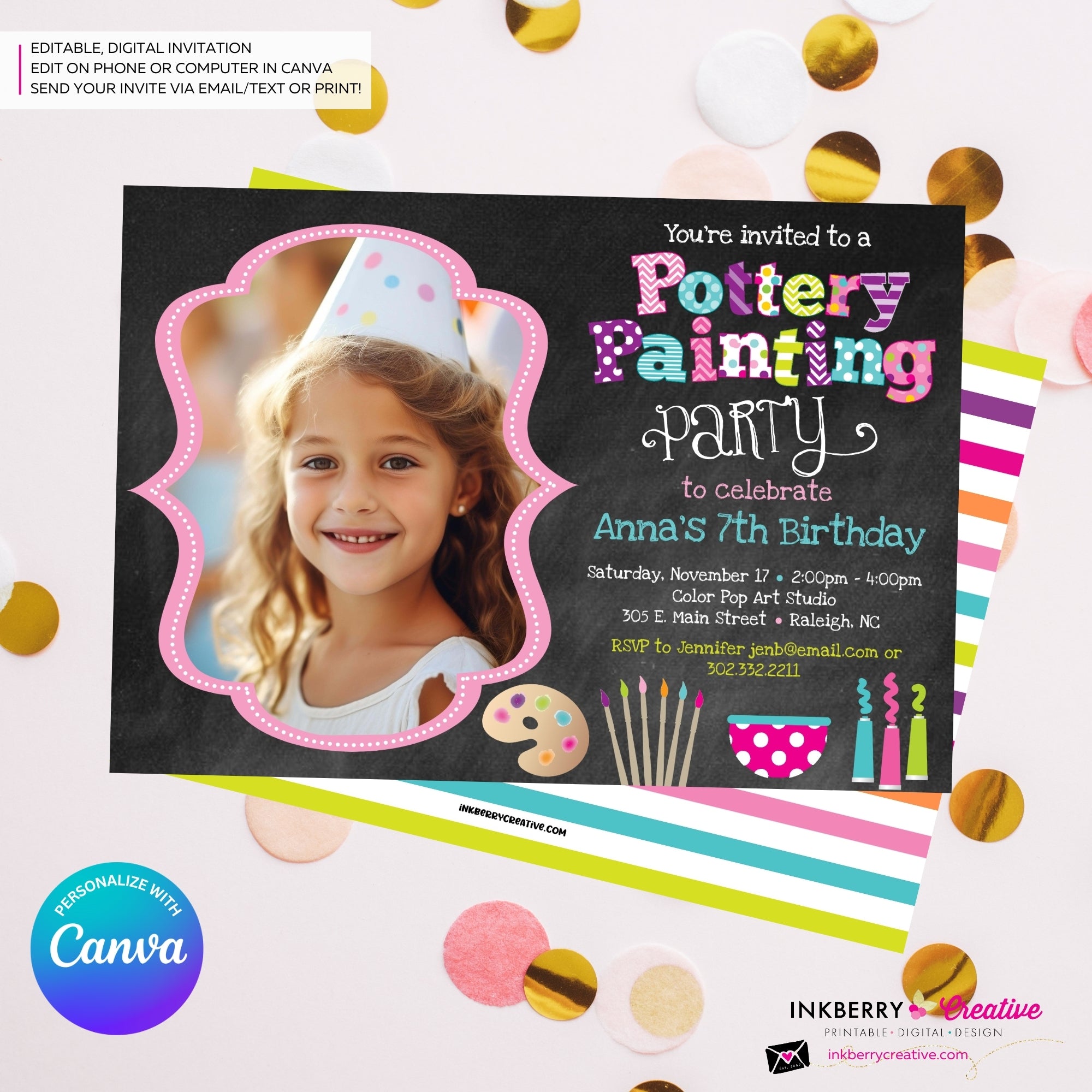 Pottery Painting Photo Party Invitation (Chalkboard Style) - Editable in Canva
