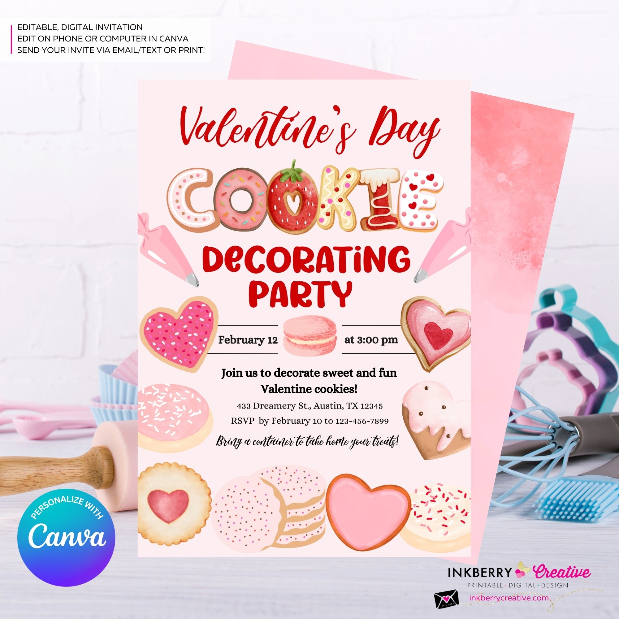 Valentine's Day Cookie Decorating Party Invitation, Editable Canva Template, Watercolor, Valentine Cookie Baking Party, Editable Canva Invite