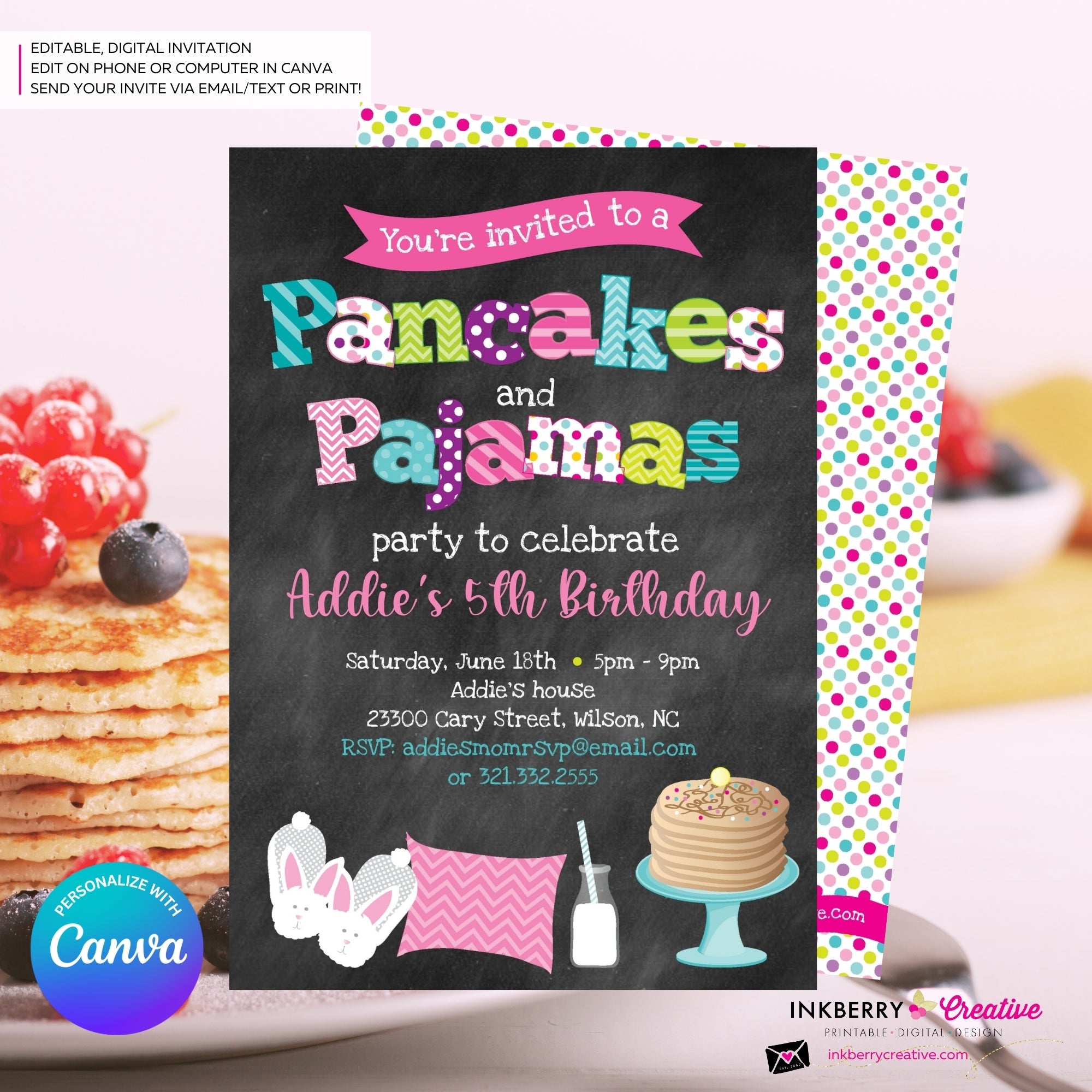 Pancakes and Pajamas Party Invitation (Chalkboard Style) - Kids Pancakes Pajama Birthday Party Invite - Edit in Canva