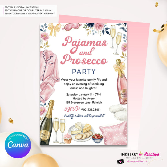 Pajamas and Prosecco Party Invitation (Pink) - Editable in Canva