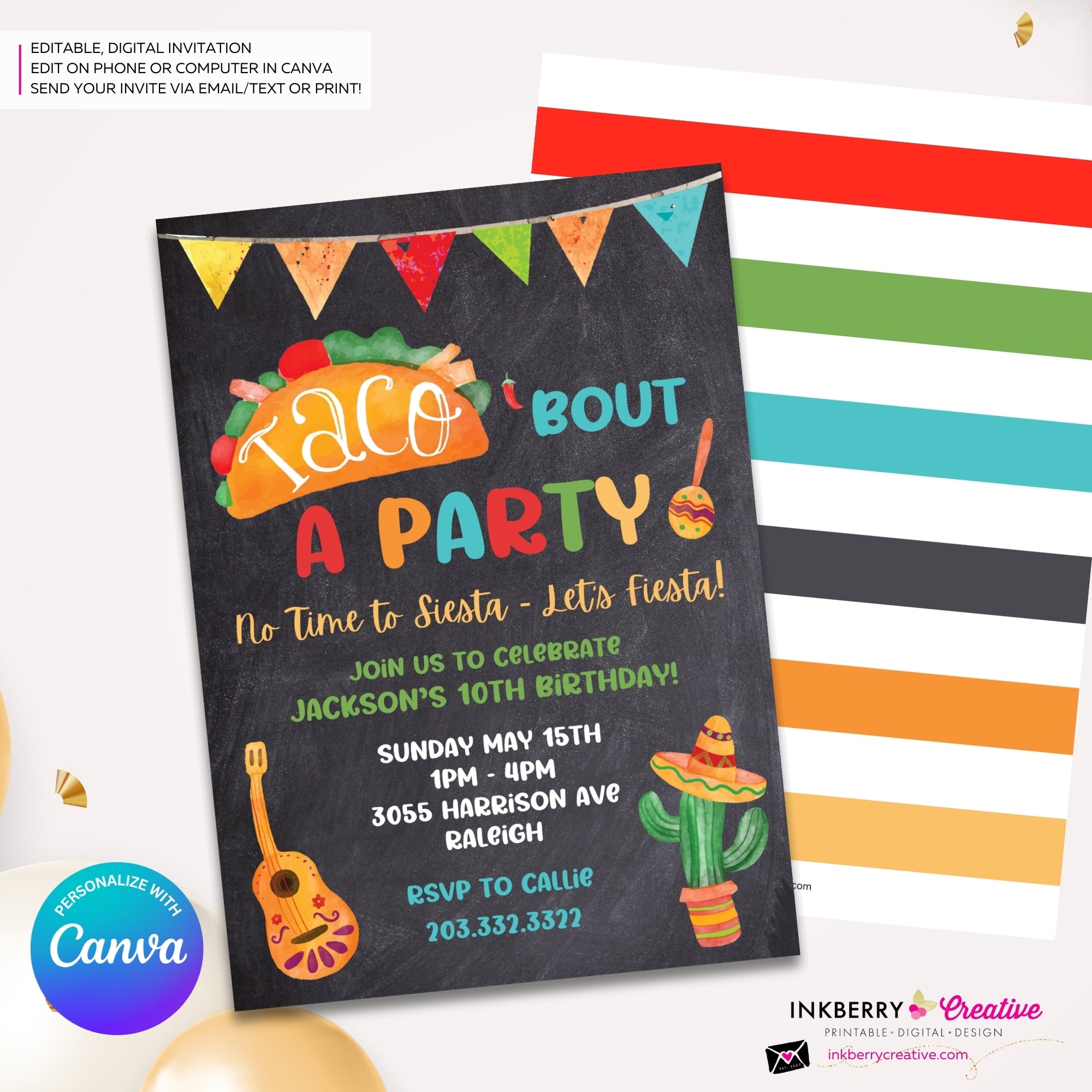 Taco Bout a Party Invitation (CHALK) Mexican Fiesta, Canva Template (Digital Printable File)