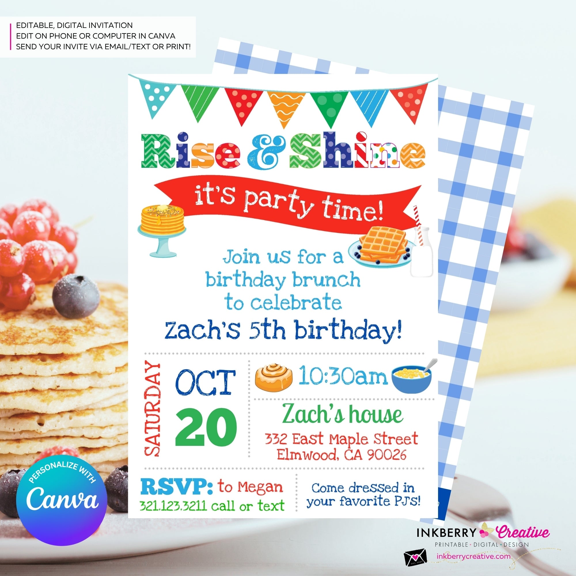 Rise and Shine Kids Birthday Breakfast Brunch Party Invitation (Boys), Pancakes, Bacon, Eggs, Waffles - Editable in Canva