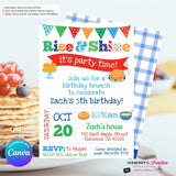 Rise and Shine Kids Birthday Breakfast Brunch Party Invitation (Boys), Pancakes, Bacon, Eggs, Waffles - Editable in Canva