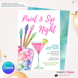 Paint & Sip Invitation, Girls Night Painting Wine Party Invite, Printable, Instant Download, Digital File, Edit in Canva