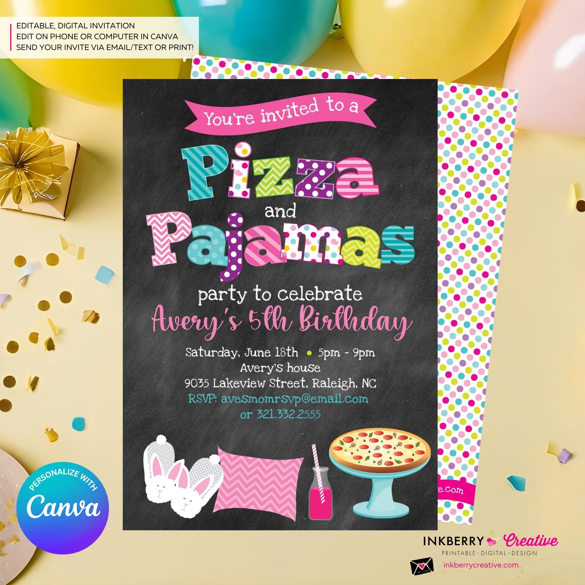 Pizza and Pajamas Party Invitation (Chalkboard Style) - Kids Pizza Pajama Birthday Party Invite - Edit in Canva