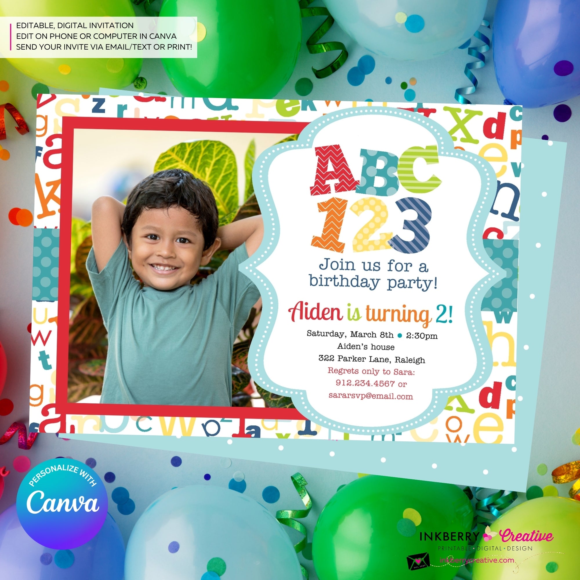 Alphabet Birthday Party Photo Invitation - Printable, Instant Download, Personalize and Edit in Canva