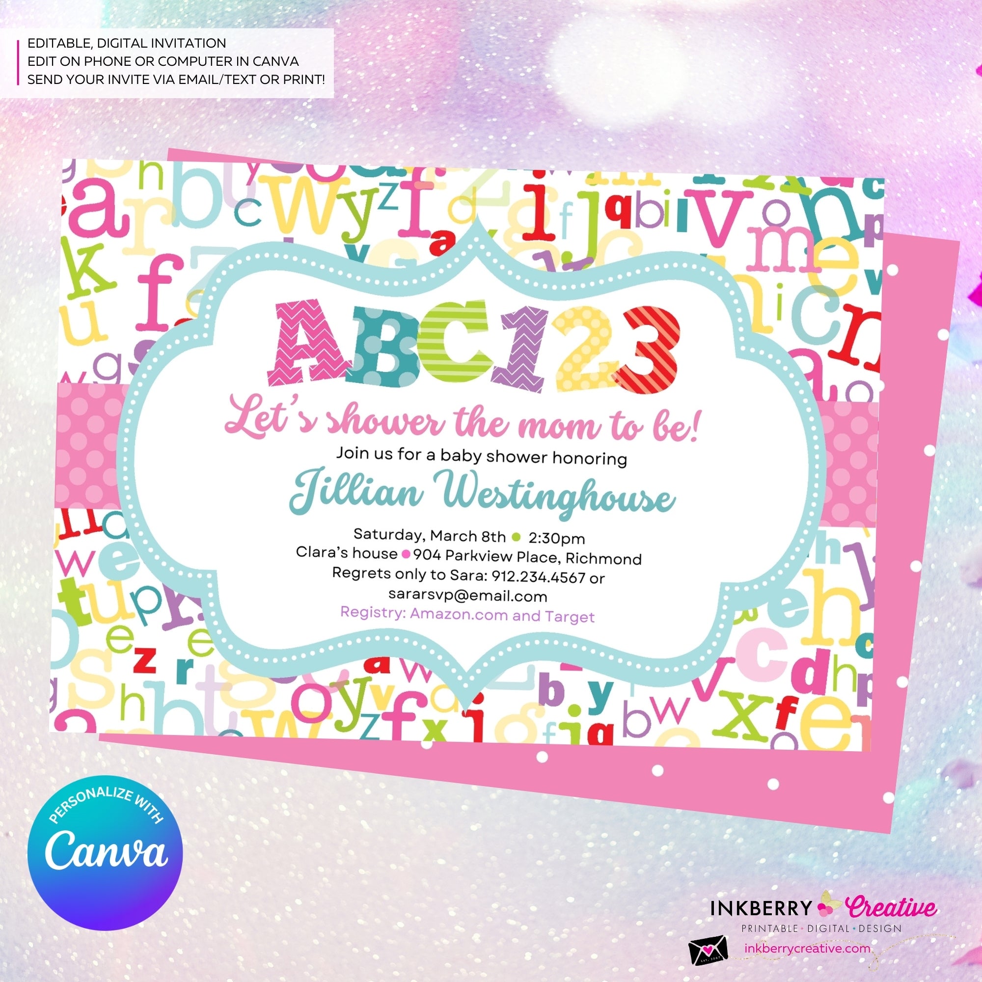 Alphabet Baby Girl Shower Invitation, ABC Baby Shower, ABC123, Printable, Digital, Instant Download, Edit in Canva