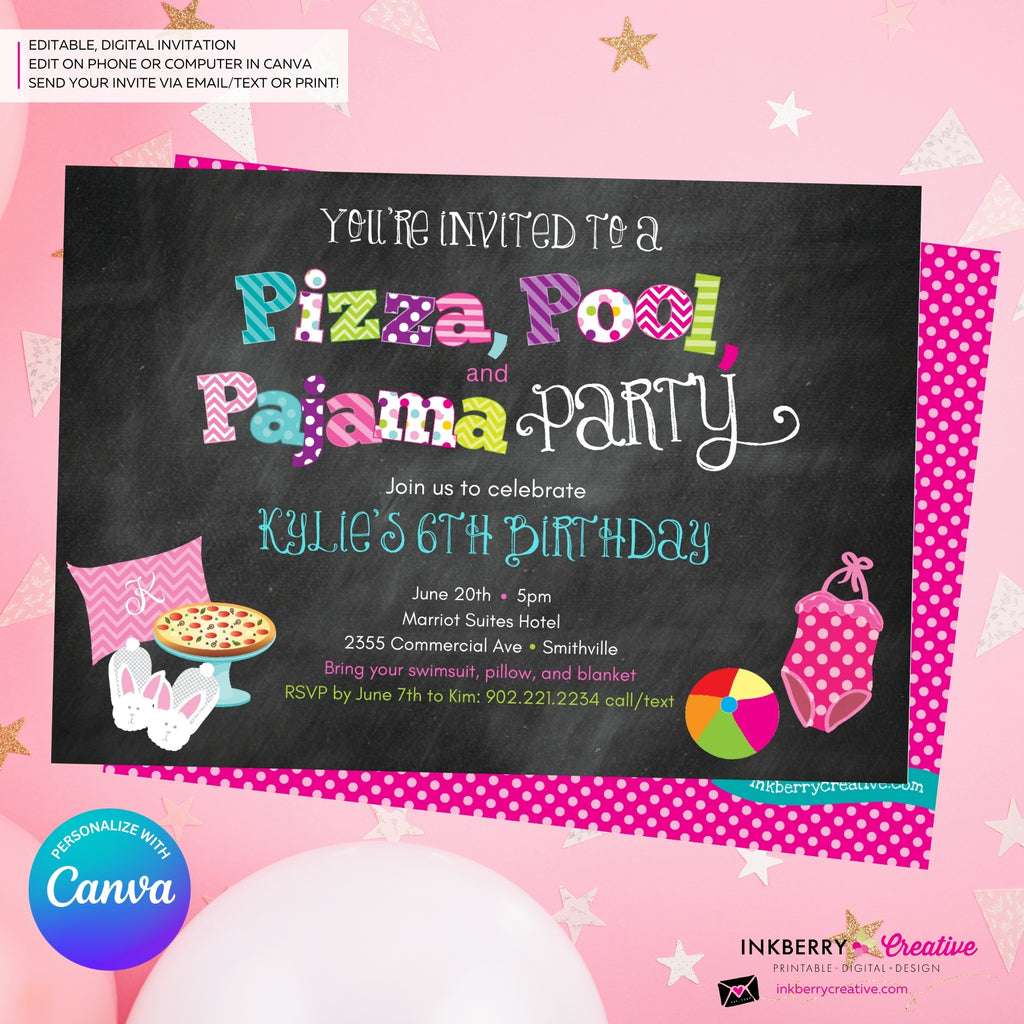 Pizza, Pool, and Pajama Birthday Party Invitation - Chalkboard Style - Personalize and Edit in Canva