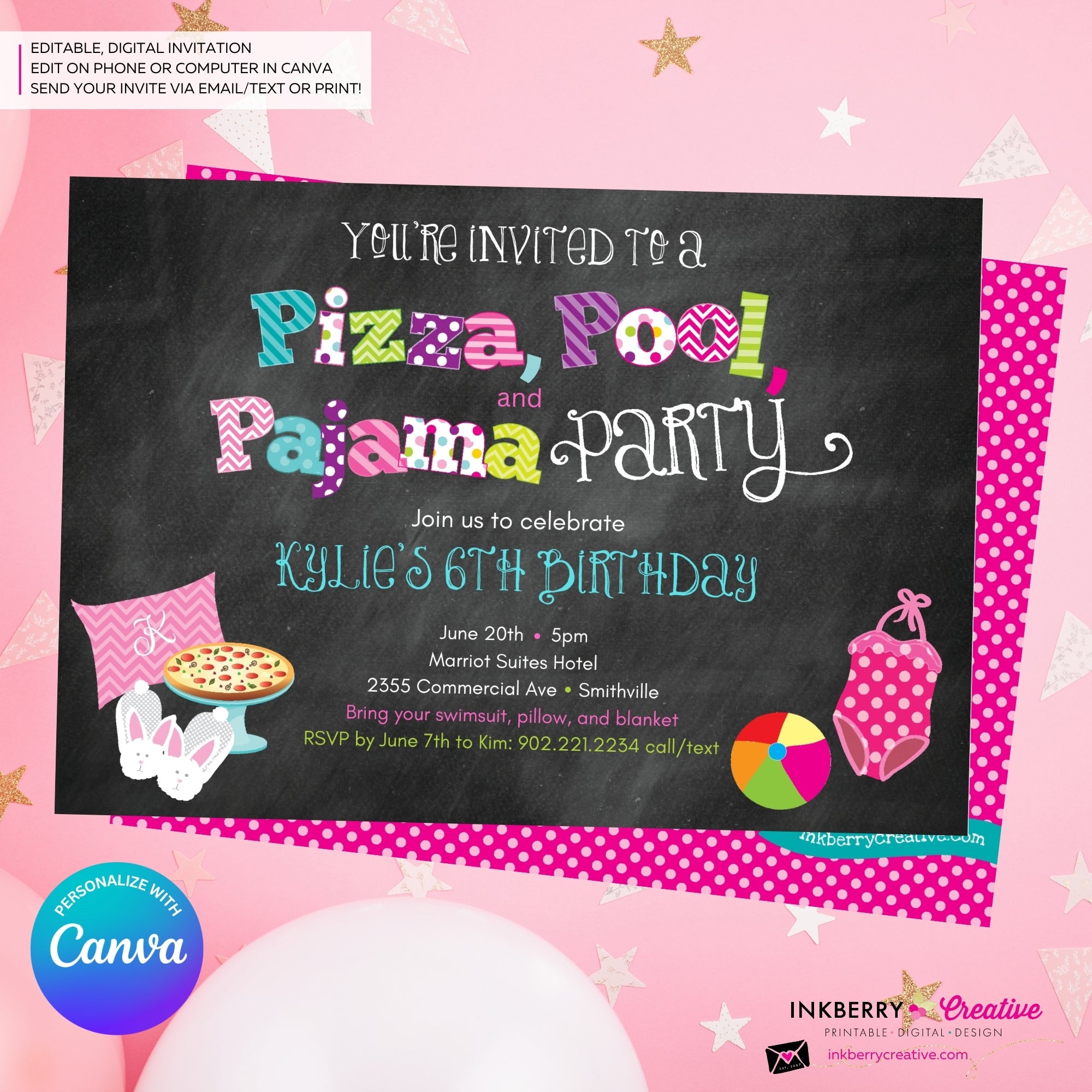 Pizza, Pool, and Pajama Birthday Party Invitation - Chalkboard Style - Personalize and Edit in Canva