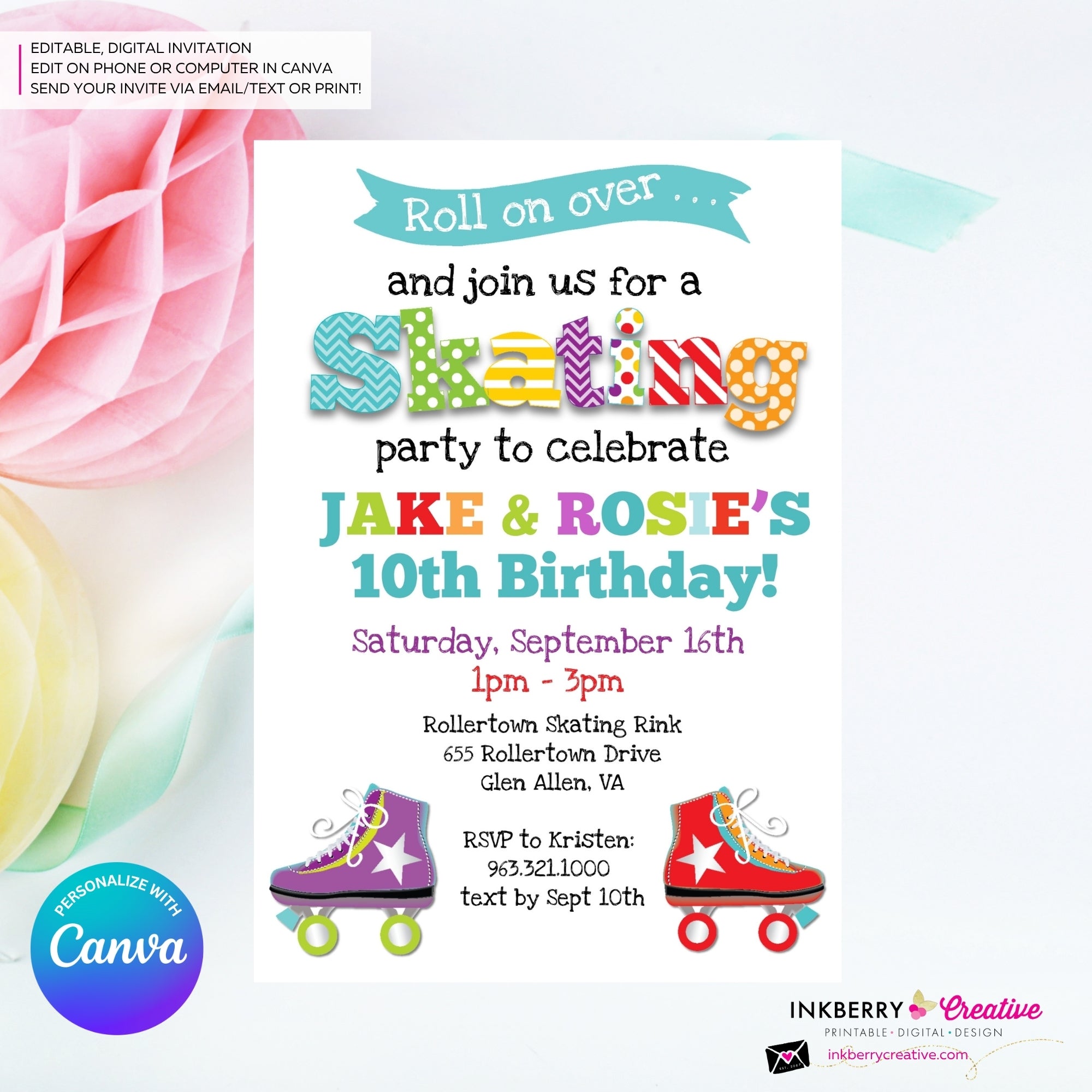 Editable Roller Skating Birthday Party Invitation, Boy Girl Roller Skate Party Invite, Roller Skating Rink Invite, Edit in Canva