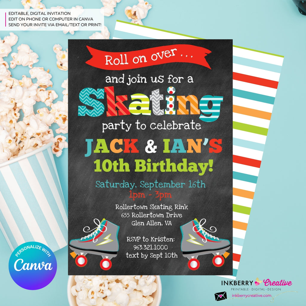 Editable Roller Skating Birthday Party Invitation - Twin Boys Roller Skate Party Invite, Chalkboard, Skating Rink Invite, Edit in Canva