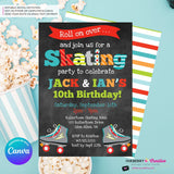 Editable Roller Skating Birthday Party Invitation - Twin Boys Roller Skate Party Invite, Chalkboard, Skating Rink Invite, Edit in Canva