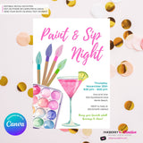 Paint & Sip Invitation, Girls Night Painting Wine Party Invite, Printable, Instant Download, Digital File, Edit in Canva