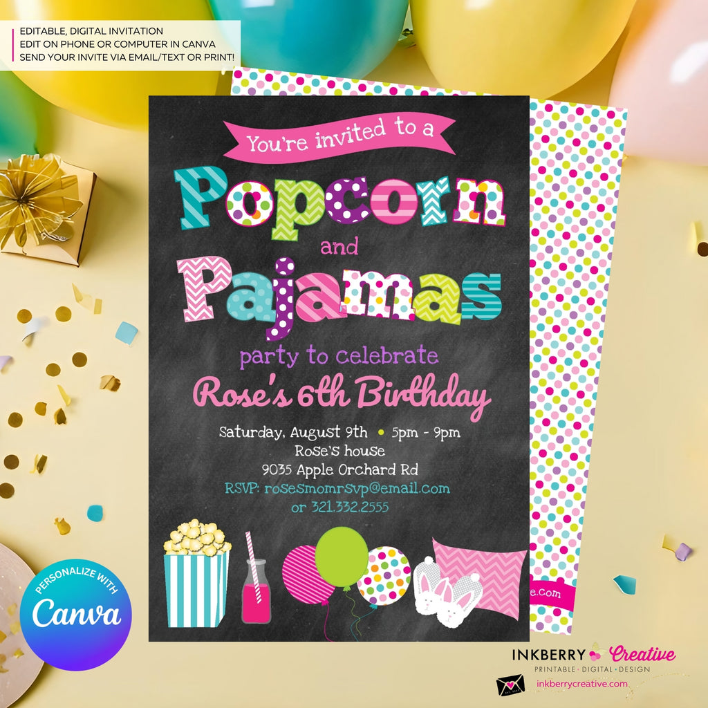 Popcorn and Pajamas (Chalkboard) Party Invitation - Kids Pizza Pajama Birthday Party Invite - Edit in Canva