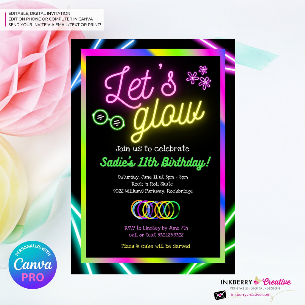 Neon Glow Party Invitation - Let's Glow Party Invite, Glow in the Dark, Roller Skate, Printable, Instant Download, Edit in CANVA PRO