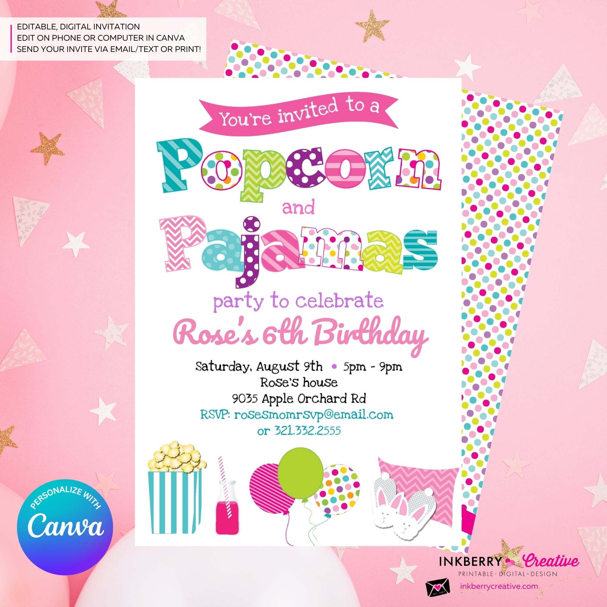 Popcorn and Pajamas Party Invitation - Kids Pizza Pajama Birthday Party Invite - Edit in Canva