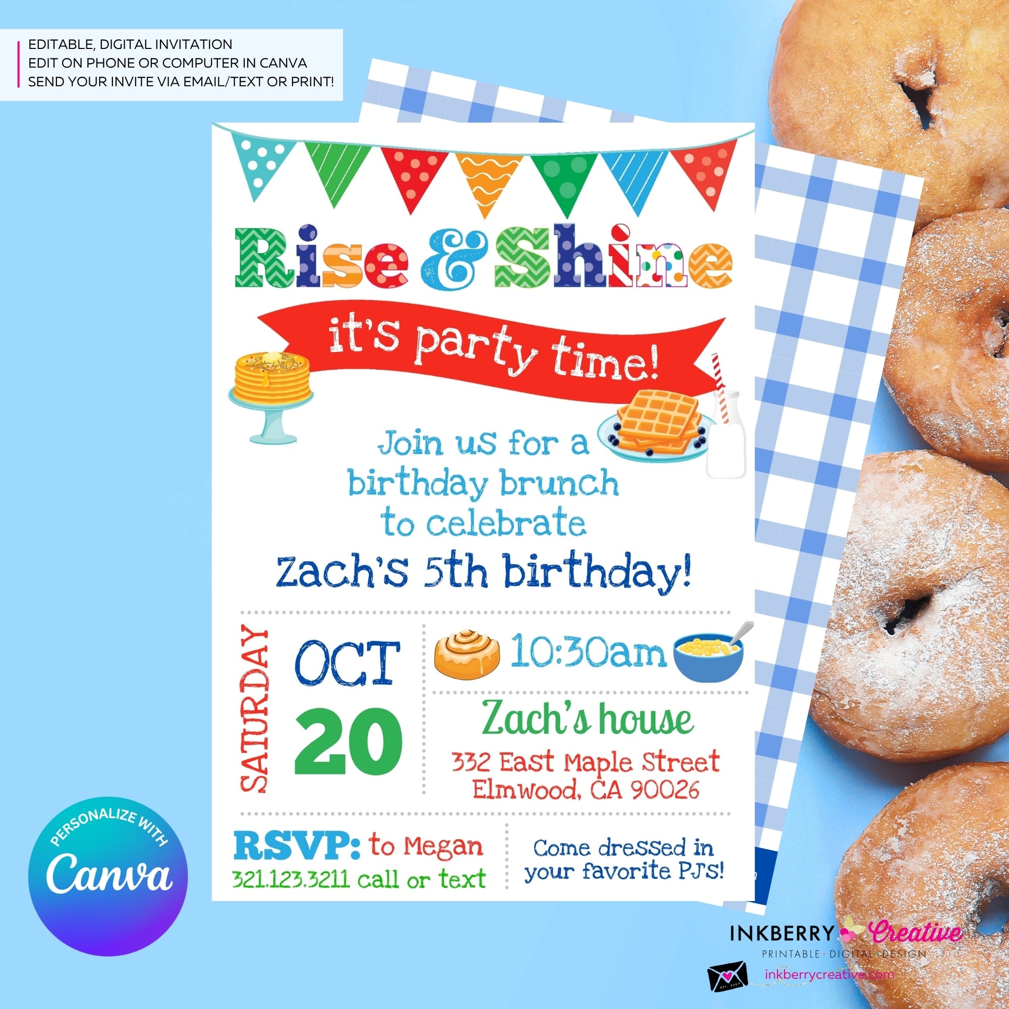 Rise and Shine Kids Birthday Breakfast Brunch Party Invitation (Boys), Pancakes, Bacon, Eggs, Waffles - Editable in Canva