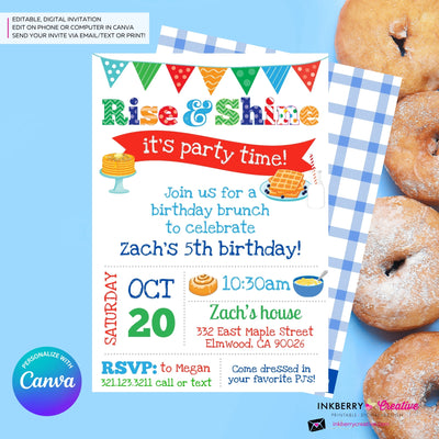 Rise and Shine Kids Birthday Breakfast Brunch Party Invitation (Boys), Pancakes, Bacon, Eggs, Waffles - Editable in Canva