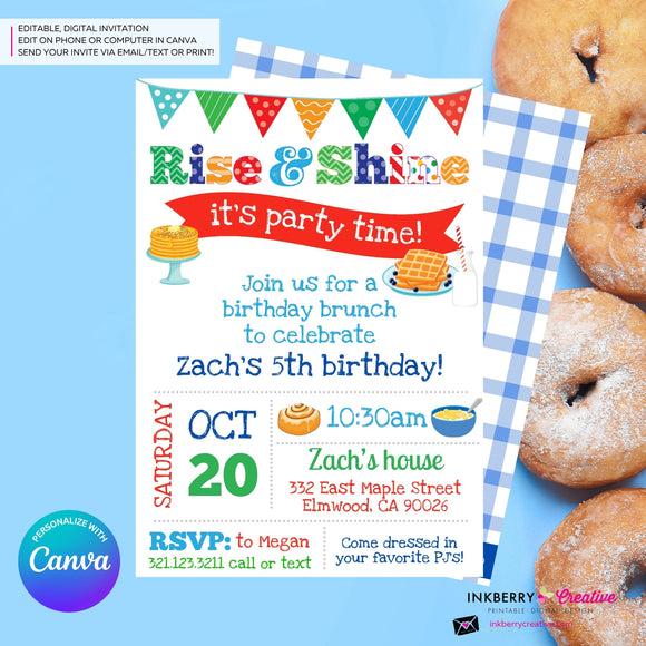 Rise and Shine Kids Birthday Breakfast Brunch Party Invitation (Boys), Pancakes, Bacon, Eggs, Waffles - Editable in Canva