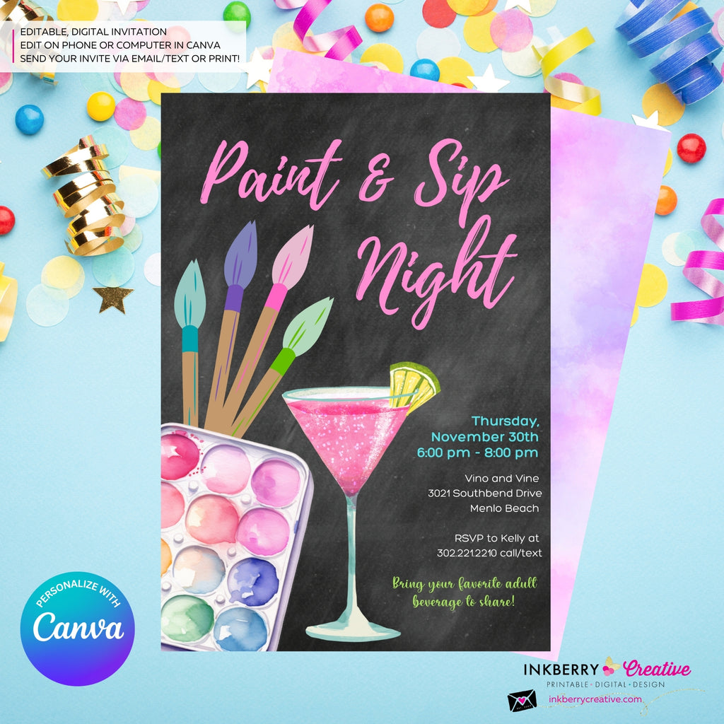 Paint & Sip Invitation, Girls Night Painting Wine Party Invite, Chalkboard, Printable, Instant Download, Digital File, Edit in Canva