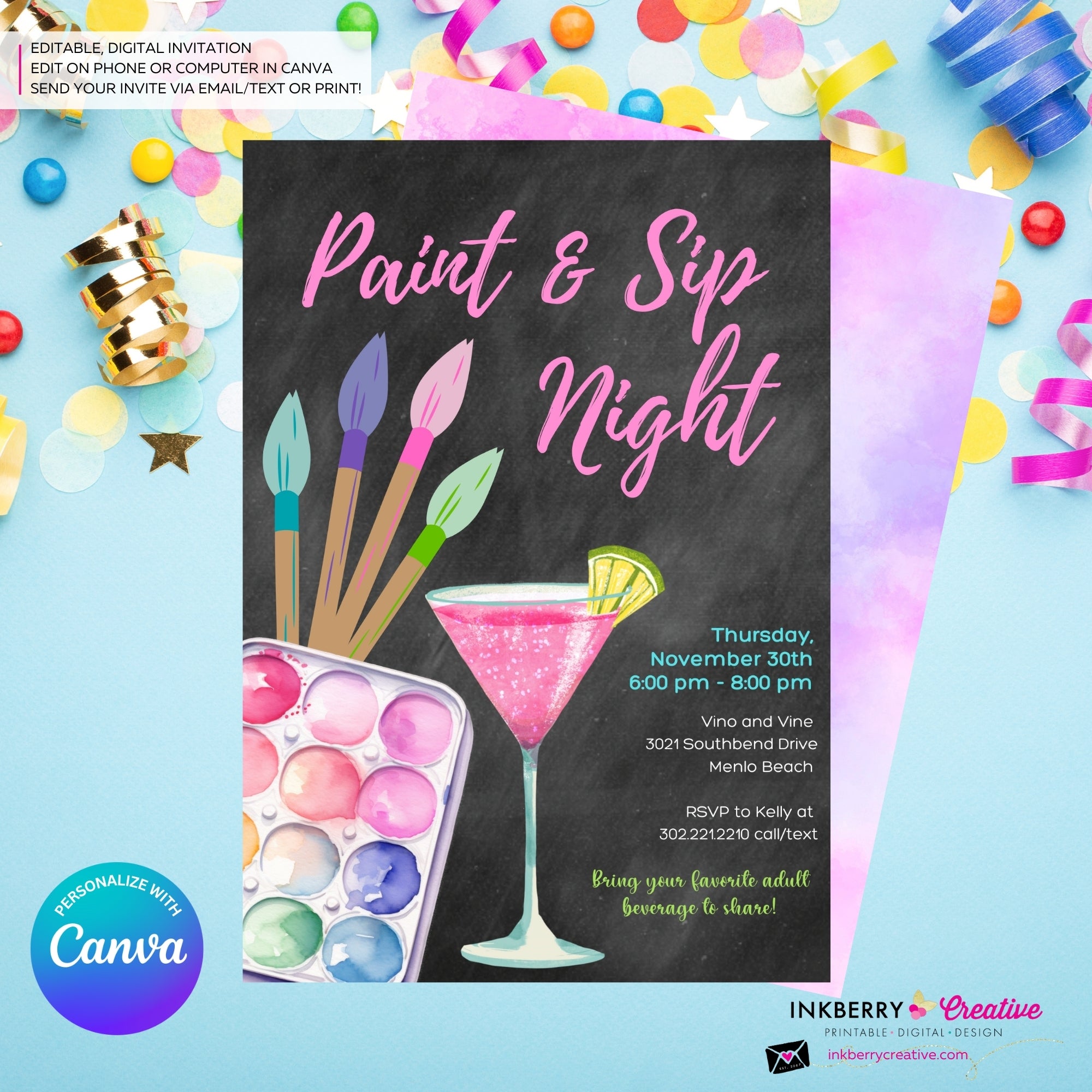 Paint & Sip Invitation, Girls Night Painting Wine Party Invite, Chalkboard, Printable, Instant Download, Digital File, Edit in Canva